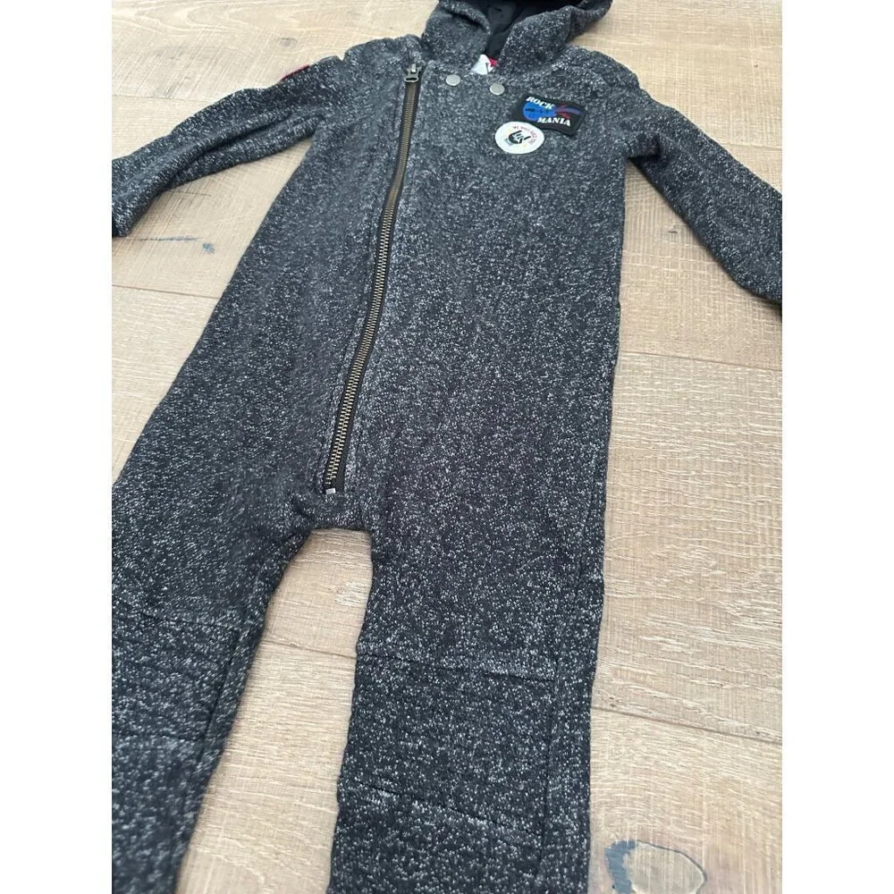 Gray Heather Hooded Baby Onesie With Rock Patches & Asymmetrical Zipper Size 24M